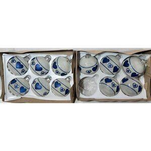 11 Vitbis Christmas Glass Ornaments Blue And White Glitter Heart Pattern